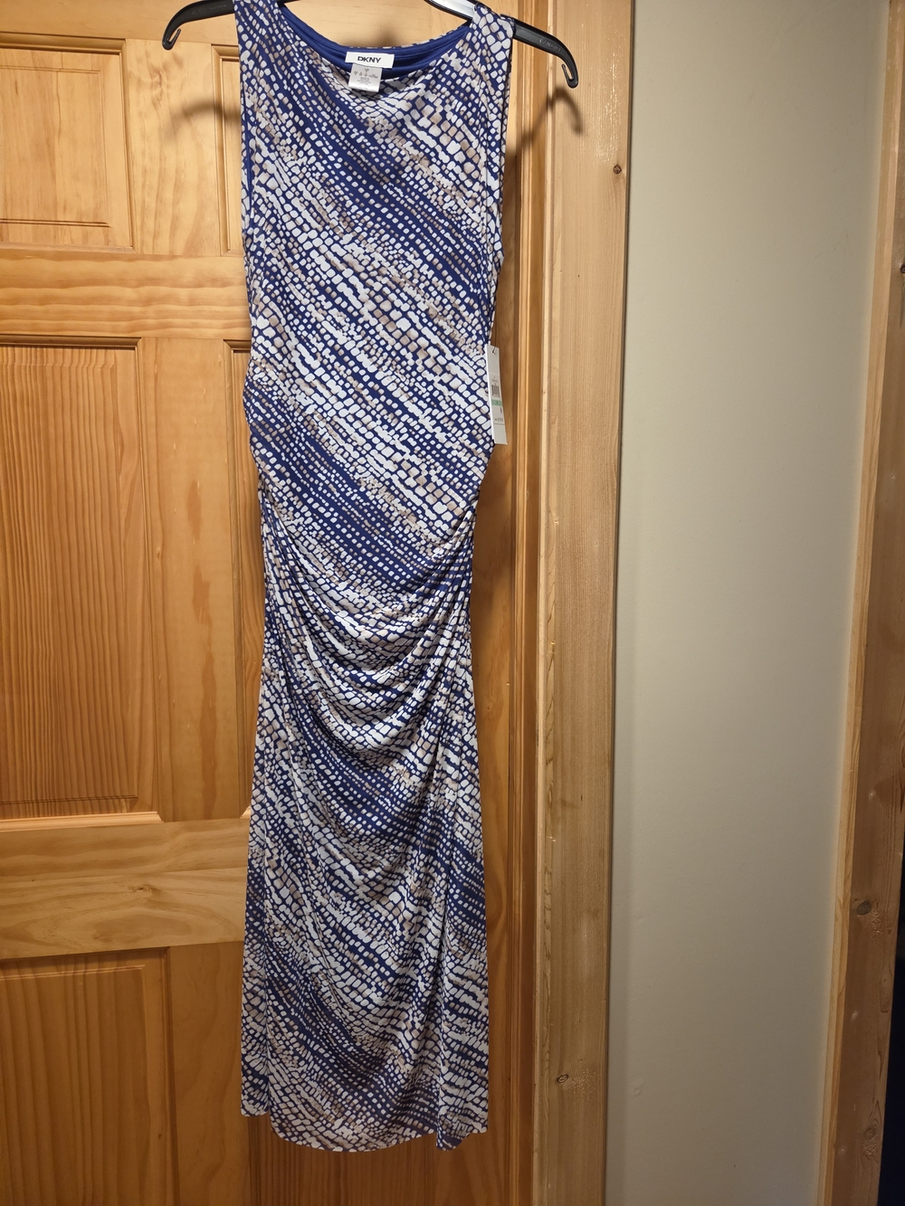 DKNY Blue and Tan Abstract Sleeveless Ruched Maxi Dress